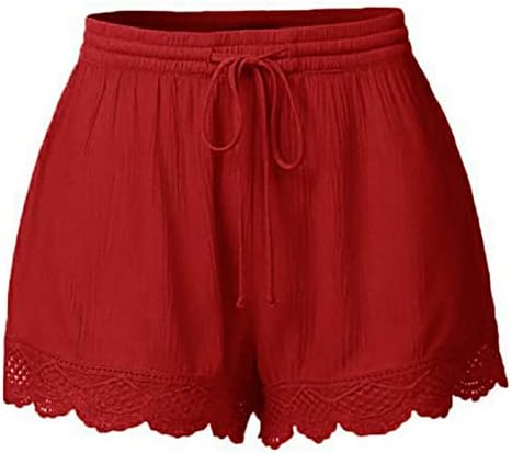 Шорцеви за жени летна мода цврста боја лабава обична чипка манжетна за манжетни еластична чипка на половината до кратки панталони