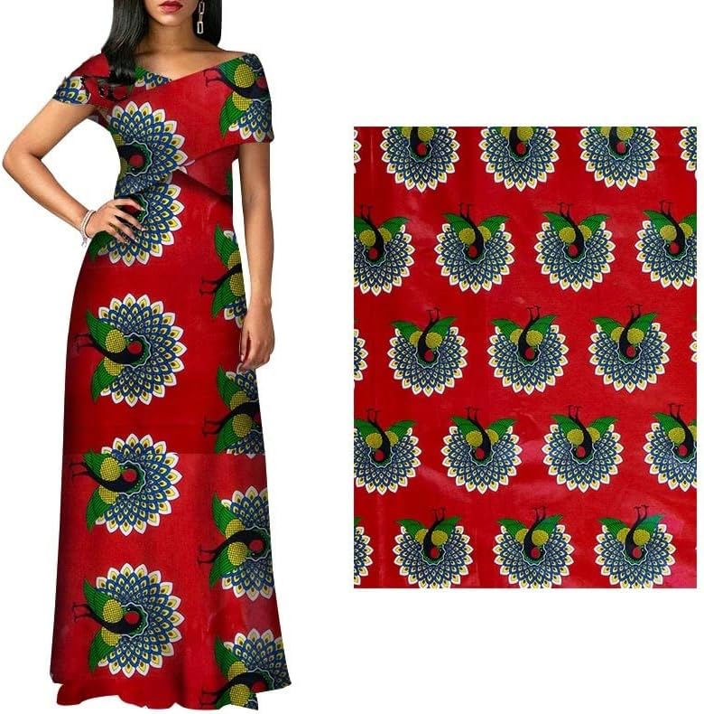 Мјвдп Африканска Памучна Ткаенина Црвена Позадина Женски Фустан За Забава Материјал За Шиење Паун Цветна Ткаенина 6 Јарди/многу