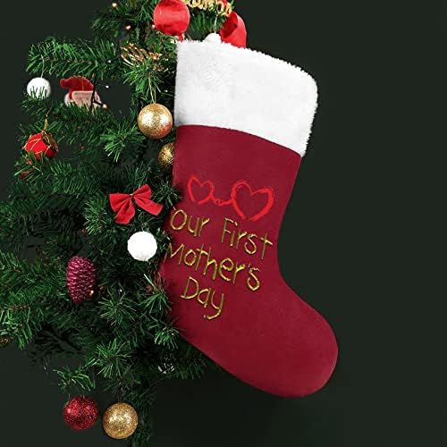 Срце прв мајчин ден Божиќни чорапи порибување на Божиќни дрвја Дедо Мраз виси украси за празничен камин 16,5 “