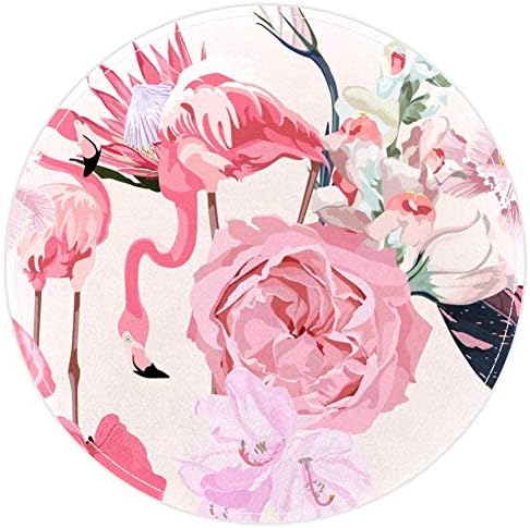 Heoeh розови цвеќиња flamingos, не -лизгачки врата 15,7 тркалезна површина теписи килими за деца спална соба бебешка соба игра Расадник