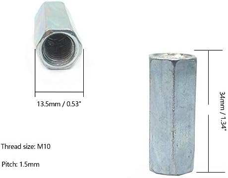 NGE 10PCS M10 X 1,5-PITCH 34мм долга шипка, метричка хексадецимална спојка, цинк позлатен јаглероден челик