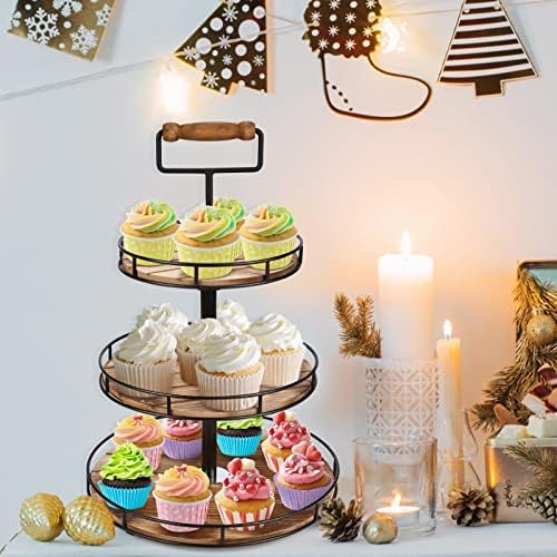 Zhujerry 3 Tier Cupcake Stand Wooden Tiered Serving Train, Farmhouse Rustic Home Decor за роденденски чај забава кујна, десерт