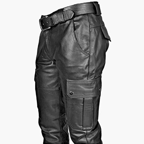 Машка факс кожни велосипедисти панталони ретро металик панк мотоцикл пан -џебови се протегаат кожни панталони