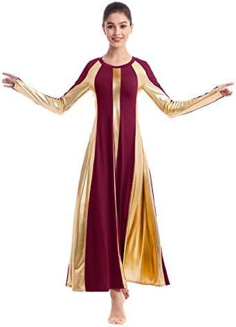 Ибаком жени возрасни метални златни бои во боја со долг ракав пофалби танцувачки фустан лабаво одговара на целосна должина литургиско лирско