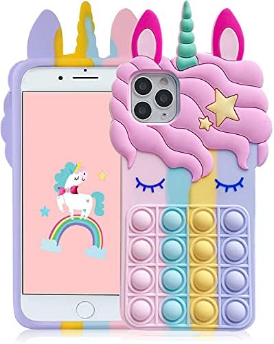 Huan Push Pop Bubble Fidget iphone Case for iphone 11, 3D цртан филм со еднорог дизајн силиконски каваи iPhone случај за девојчиња
