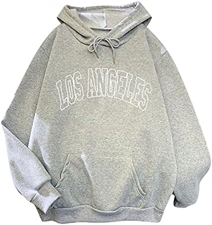 Графички дуксери за жени во Лос Анџелес печатеа џемпери за џемпери со долги ракави, лабави вклопени пулвер со џеб