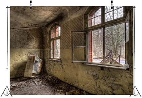 Корфото ткаенина 9x6ft Напуштена гроздобер куќа прозорец позадина Ноќта на вештерките во болницата, зомби, прогонуван азил за гроздобер портрет