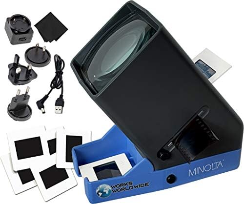 Minolta 35mm Top Top Portable LED слајд и негативен гледач го осветли 3x Magnify - за 2 x2 слајдови и позитивни негативи - адаптер и приклучоци