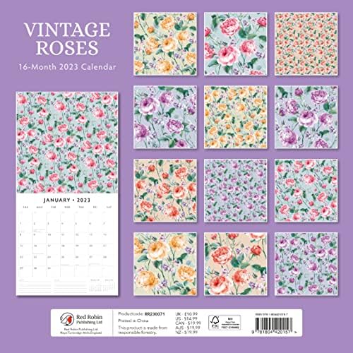 2023 Гроздобер рози Месечен календар на wallидови од Ред Робин Календари 12 x 12