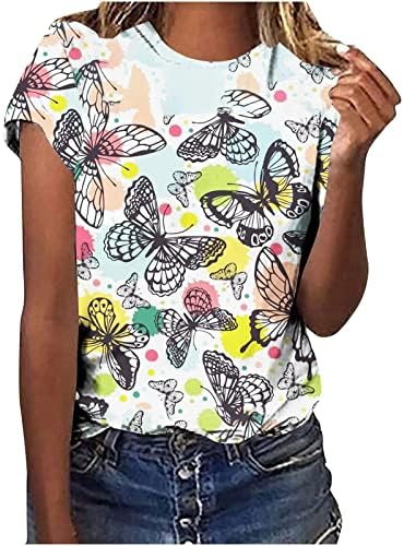 Пимоксв пеперутка врвови за жени со кратки ракави екипаж на блуза, облечена обична хавајска кошула мода 2023 летна слатка маица