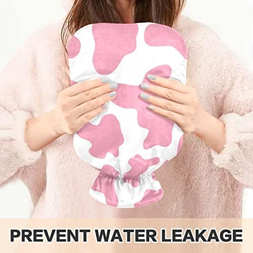 Шишиња со топла вода со покривка од розова крава текстура вреќа за топла вода за олеснување на болката, главоболки, торба за