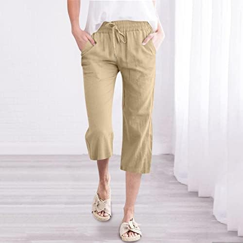 Женски постелнини панталони исечени влечење високи половини харем летни панталони широки нозе еластични цврсти џебови обични панталони на