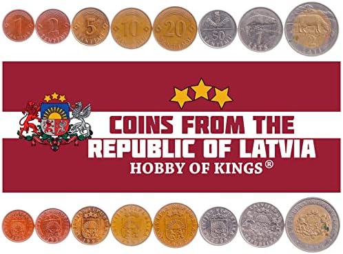 8 Монети Од Латвија / Латвиски Монета Сет Колекција 1 2 5 10 20 50 Сантиму 1 2 Лати | Циркулирани 1992-2009 | Крава | Лосос | Лав | Грифин | Бор