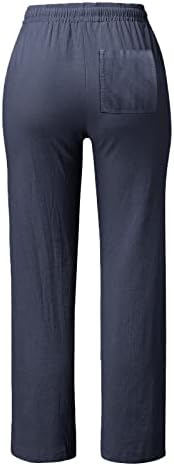 Женски ситни за плус големина права ленени ленти панталони летни влечења еластични палацо панталони со високи половини со џебови