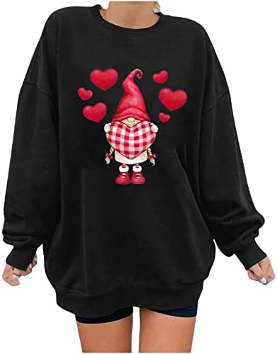 Женски гроздобер врвови за Денот на вineубените преголеми трендовски џемпери смешни симпатични гноми срцеви печати пулвер маичка