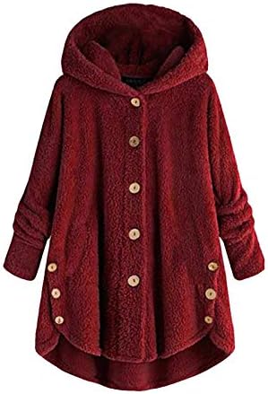 Yokwi 2022 Womenените плус големина на копчето плишани врвови со качулка лабава кардиганска волна палто Зимска јакна