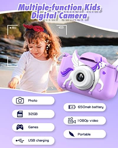 Слотклауд Еднорог Детска Селфи Камера, Еднорог Подароци За Девојчиња На возраст од 3-12 години, HD Деца Дигитални Видео Камери За Мали Деца,