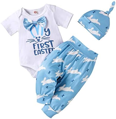 Бебе момче Велигденска облека за новороденчиња работи за новороденче лето 3 парчиња мојот прв велигденски ромпер краток ракав + панталони