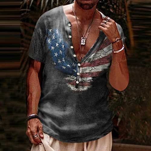 XXBR машки патриотски кошули Хенли ретро потресено американско копче за печатење на знаме V вратот лето кратка кошула на плажа