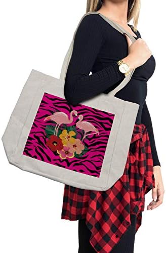 Амбесон розова зебра торба за купување, егзотични loveубовни розови фламинго на хибискус букет шарена позадина Boho графичка, еко-пријателска торба за еднократна упот