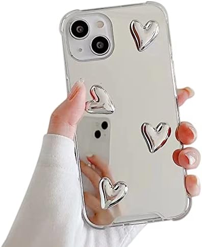 Finyosee Компатибилен со Iphone 13 Телефон Случај, Симпатична 3d Сребрена Срце Дизајн Јасна Шминка Огледало, Силиконски Шок-Отпорен