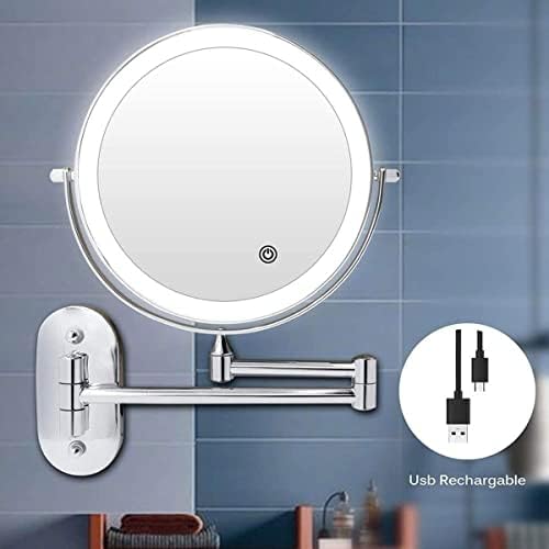 BasicM Wallид што може да се наполни осветлен огледало за шминка, 8-инчен LED Extendable Cosmetic Mirror со зголемување, двострано 3 болно