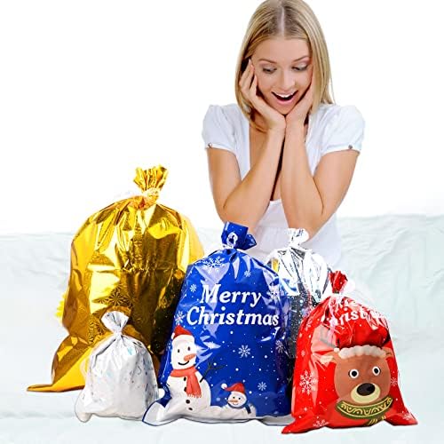 Аокуокс 35 парчиња Божиќни кеси Дополнителни големи обвивки за подароци во 4 големини и 5 дизајни подароци со лента за роденденска