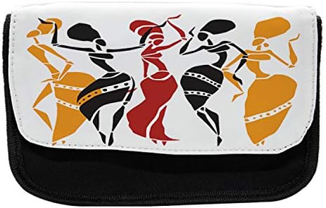 Лунарлив африкански молив случај, женски танчерски силуети, торба со молив со ткаенини со двоен патент, 8,5 x 5,5, црна сенф бела
