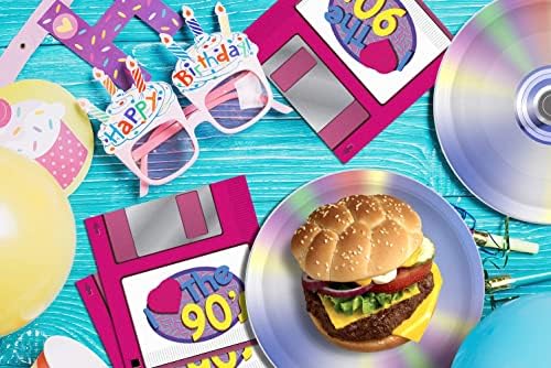 Делукс 90 -тина забавен пакет - Плочи за вечера со ЦД за хартија, ги сакам табличките за десерт од 90 -тите и салфетки со флопи дискови