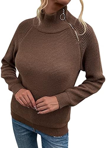 Џемпери за жени паѓаат буци плетени долги ракави пулвер џемпер цврста боја случајна тешка патент нагоре на врвовите на скокачот кафеава кафеава