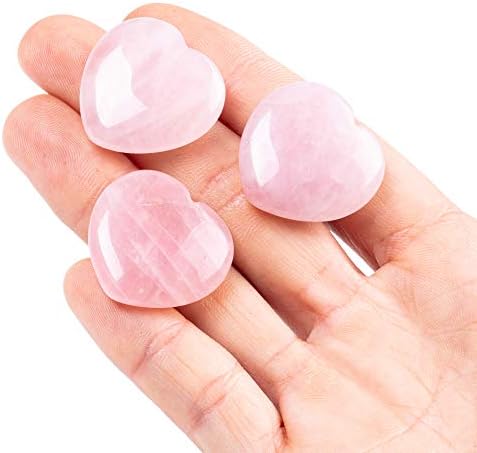Форби 3 парчиња природен 1 инчен розов кварц подуен срцев камен, лекување loveубов кристална дланка загрижена камен за балансирање