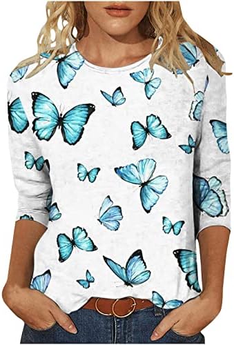 Долг ракав 3/4 ракав моден памучен екипаж графички лабава лабава бренд блуза маица за девојки лето есен блуза Q8