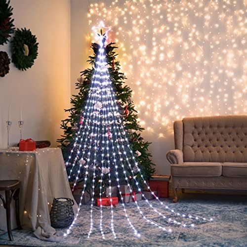 Божиќни украси starвездени светла, 344 LED светла во водопади со 11 Topper Iron Star Cristmon Lights Indoor Outdoor Decorative за