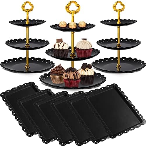 Потчен 9 Парчиња Црна Десерт Маса Дисплеј Сет Вклучува 6 Правоаголник Кекс Штанд &засилувач; 3 Круг Нивоа Служат Послужавник