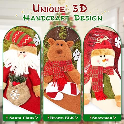 Божиќни чорапи на Linkowin, 3 пакувања класични 3Д Божиќни чорапи, Дедо Мраз, Снежен човек, ирваси Карактер 18 “Декорации за виси, обележувачи