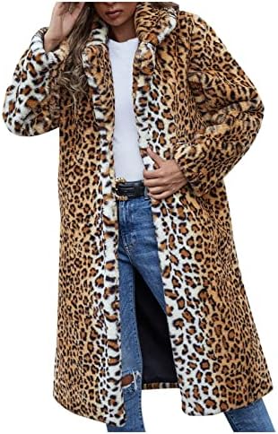 Есен женски долга крпеница леопард печатена отфрлање јака од руно јакна со долг ракав, обичен долги палто за излез со џеб