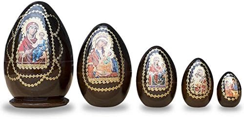 Сет од 5 Марија во црвена боја со Исус икони Дрвени гнездење Велигденски форма на јајце фигурини 6,5 инчи