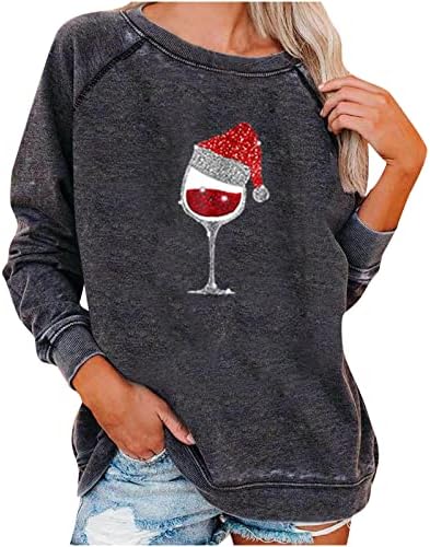 Женски Божиќни кошули мода 2023 новогодишно екипаж со долги ракави џемпери цврст смешен графички џемпер гроздобер врв