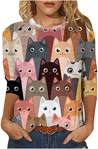 Смешна кучиња мачки печати маица Топ жени со средна должина 3/4 ракави блуза Туника Туника на вратот на вратот Обични врвови на маички