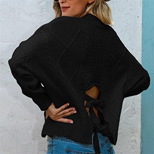 Jinинлил женски краток плетен џемпер со долги ракави наклонети рамо на рамо со врата со врата со врата за џемпери, лабава блуза