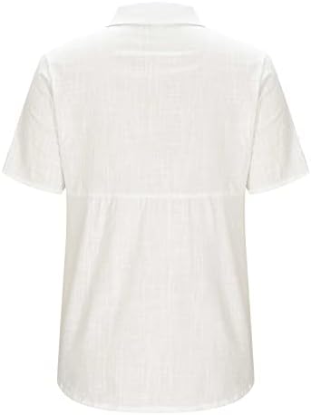 Кошули за женски памучни постелнини, обичен кратки ракави со цврста боја на врвови со копче V вратот кардиган, летни трендовски блуза