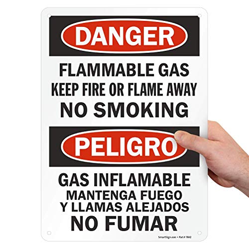 SmartSign „Опасност - запалив гас, чувајте оган или пламен, без пушење“ двојазичен знак | 10 x 14 пластика