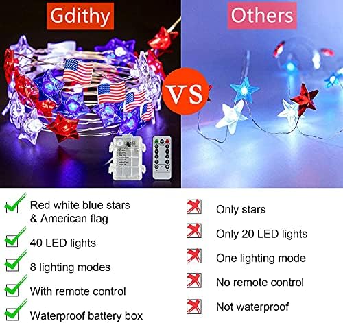 GDITHY 4 -ти јули Декорации Светла, 13 -ти 40 LED диоди црвени бели бујни starsвезди и американски светла со низа на знаме, 8 режими