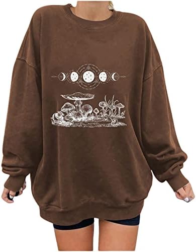Moon Sun Sun Mushroom Star Print Loose Fit Couts for Teen Girls Cuff со долги ракави на екипажот на екипажот јуниори 79