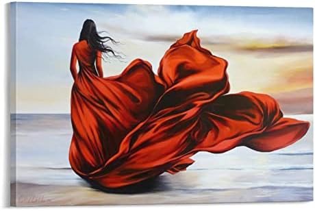 Уметнички постери девојче во црвено во црвено на зајдисонце масло сликарство жена во црвен фустан на плажа песок платно сликарство