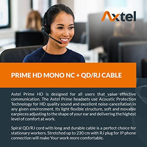 Пакет за професионални слушалки Axtel Prime Mono & AXC-03 кабел | Откажување на бучава - Компатибилен со IP телефони со IP серија T4,