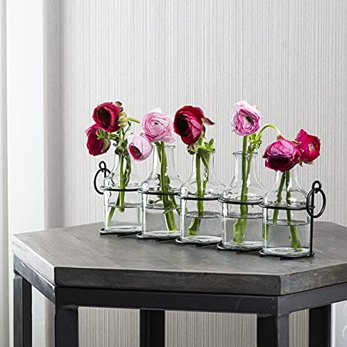 5 парчиња стаклена цветна вазна со метални држачи, најдобри вазни за цвеќиња, поставени за украси за домови, украси за венчавки, декор