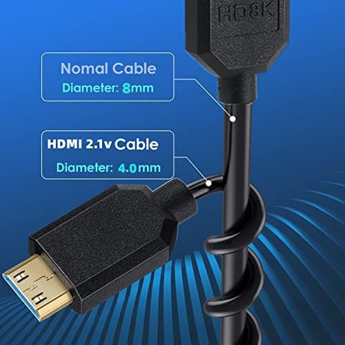 Qaoquda mini hdmi to hdmi кабел кабел, агол од 90 степени со голема брзина mini hdmi машко до HDMI 2.1 женски спирален адаптер кабел 8K