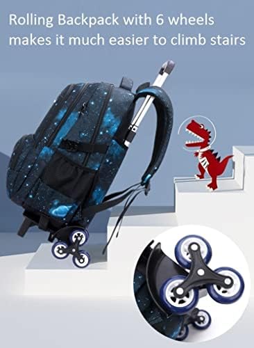 3 парчиња момчиња галаксиски тркалачки ранец со тркала школски торбички деца 6 тркала количка за колички носат багаж со торба за ручек