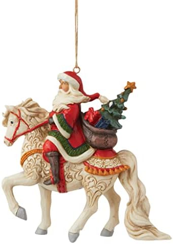 Enesco Jim Shore Heartwood Creek Santa Riding White Horse виси украс, 4,33 инчи, повеќебојни за Божиќ